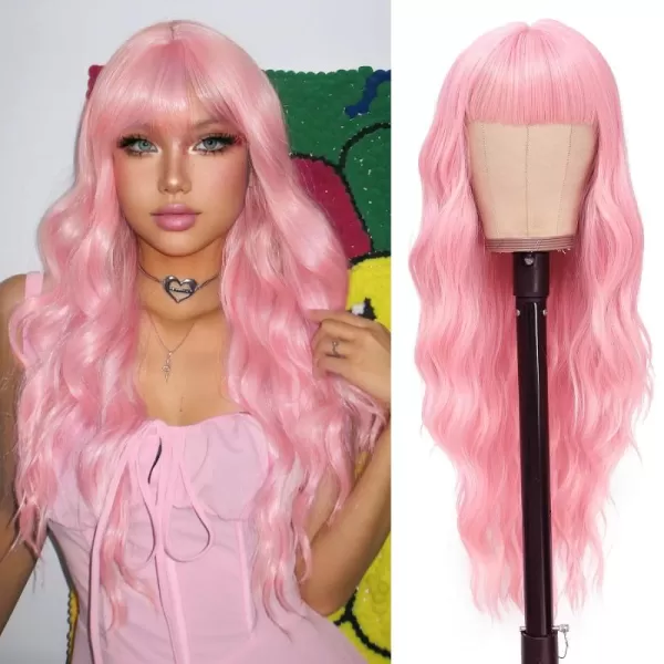 NAYOO Long Brown Wigs with Bangs for Women Curly Wavy Hair Wigs Heat Resistant Synthetic Fiber Wigs for Daily Party Use 26 Inches 