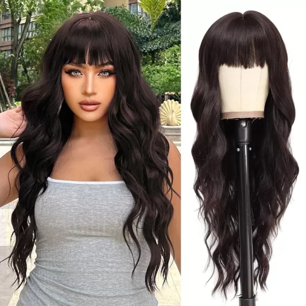 NAYOO Long Brown Wigs with Bangs for Women Curly Wavy Hair Wigs Heat Resistant Synthetic Fiber Wigs for Daily Party Use 26 Inches 