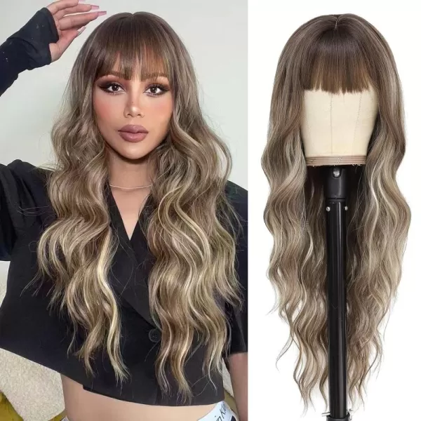 NAYOO Long Brown Wigs with Bangs for Women Curly Wavy Hair Wigs Heat Resistant Synthetic Fiber Wigs for Daily Party Use 26 Inches 