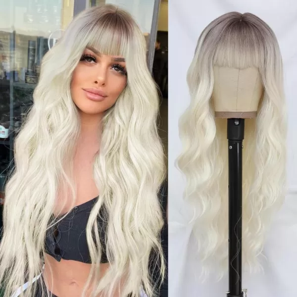 NAYOO Long Brown Wigs with Bangs for Women Curly Wavy Hair Wigs Heat Resistant Synthetic Fiber Wigs for Daily Party Use 26 Inches 