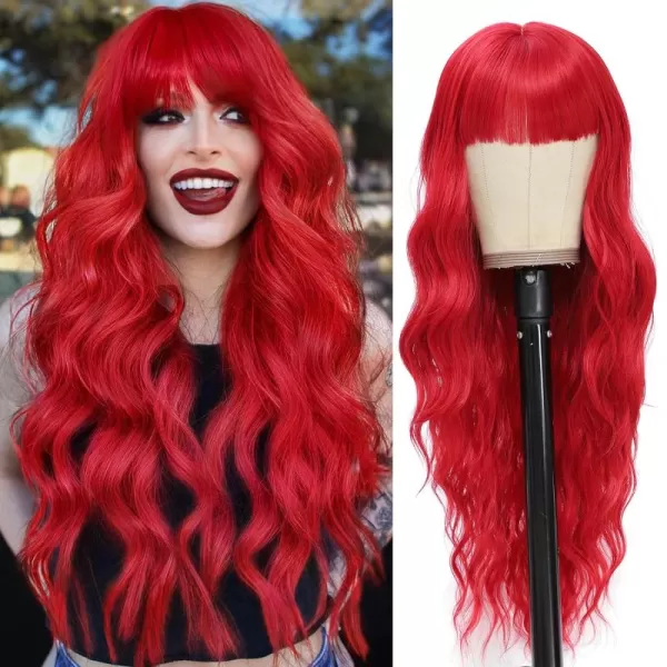 NAYOO Long Brown Wigs with Bangs for Women Curly Wavy Hair Wigs Heat Resistant Synthetic Fiber Wigs for Daily Party Use 26 Inches 