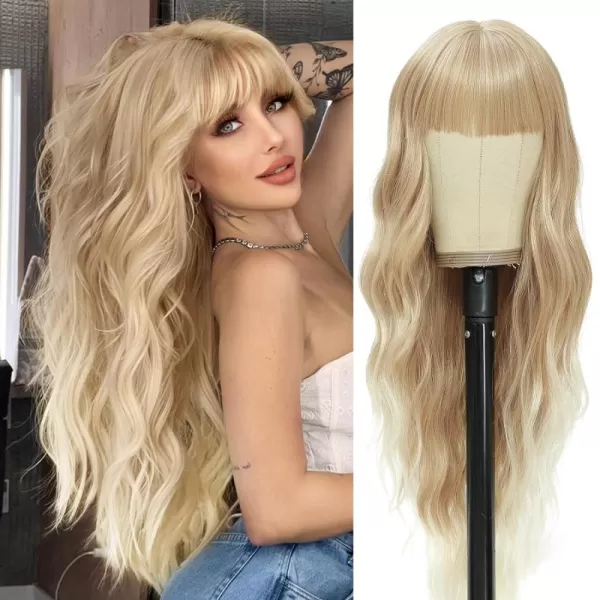 NAYOO Long Brown Wigs with Bangs for Women Curly Wavy Hair Wigs Heat Resistant Synthetic Fiber Wigs for Daily Party Use 26 Inches 