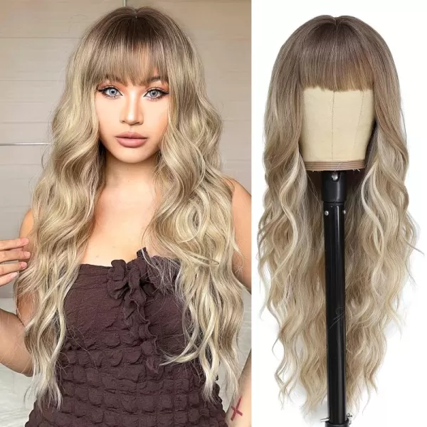 NAYOO Long Brown Wigs with Bangs for Women Curly Wavy Hair Wigs Heat Resistant Synthetic Fiber Wigs for Daily Party Use 26 Inches 