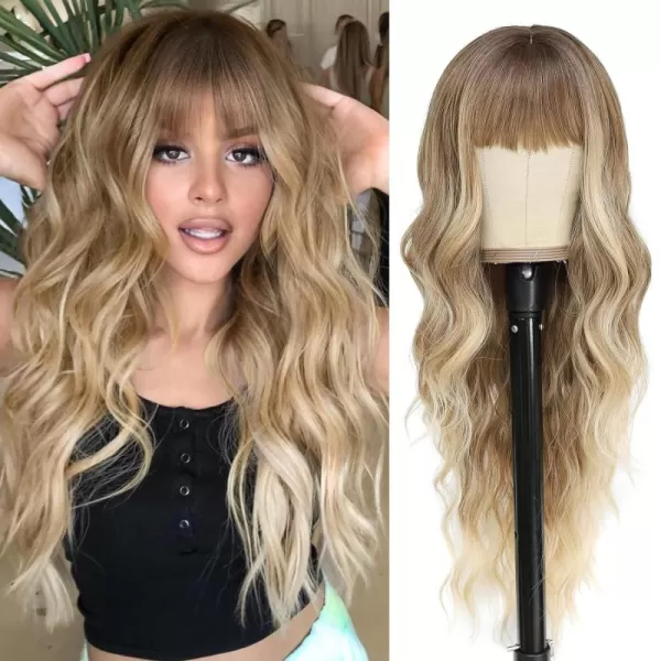 NAYOO Long Brown Wigs with Bangs for Women Curly Wavy Hair Wigs Heat Resistant Synthetic Fiber Wigs for Daily Party Use 26 Inches 