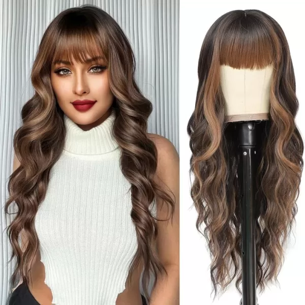 NAYOO Long Brown Wigs with Bangs for Women Curly Wavy Hair Wigs Heat Resistant Synthetic Fiber Wigs for Daily Party Use 26 Inches 