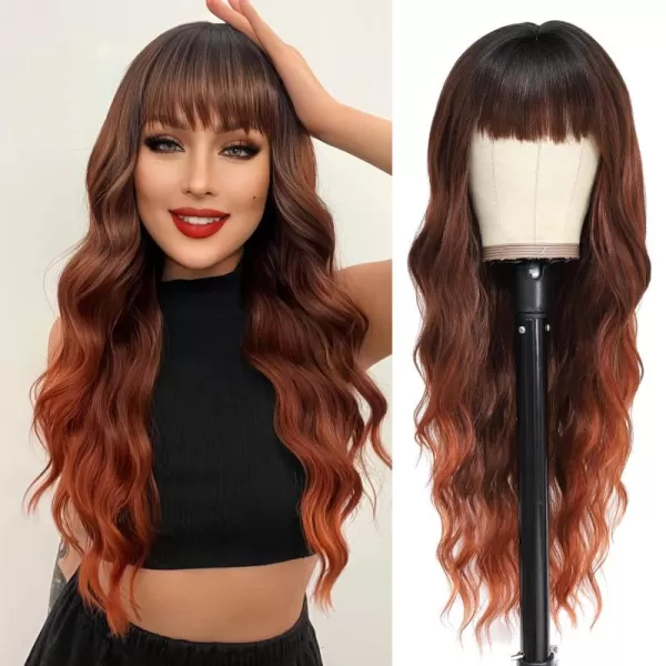 NAYOO Long Brown Wigs with Bangs for Women Curly Wavy Hair Wigs Heat Resistant Synthetic Fiber Wigs for Daily Party Use 26 Inches 