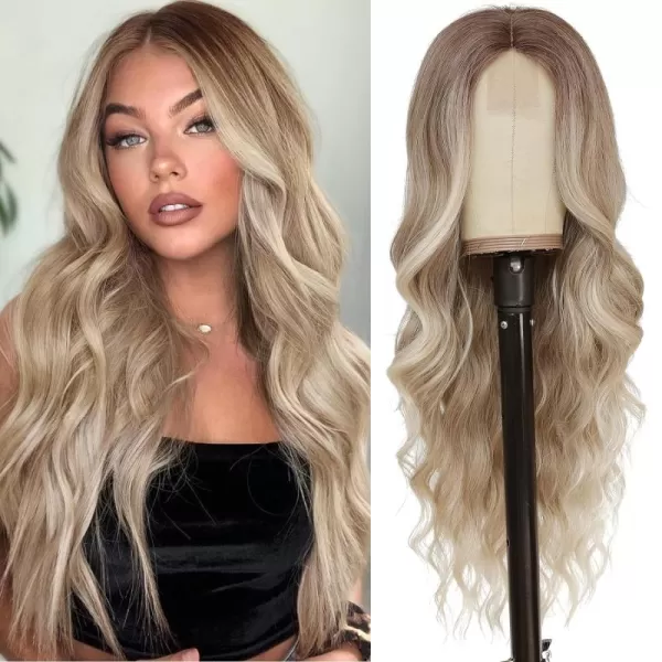 NAYOO Long Dark Brown Wavy Wig for Women 26 Inch Middle Part Curly Wavy Wig Natural Looking Synthetic Heat Resistant Fiber Wig for Daily Party Use 