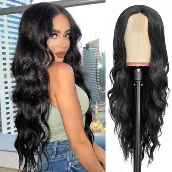 NAYOO Long Dark Brown Wavy Wig for Women 26 Inch Middle Part Curly Wavy Wig Natural Looking Synthetic Heat Resistant Fiber Wig for Daily Party Use 