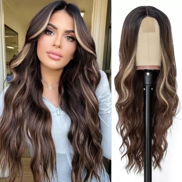 NAYOO Long Dark Brown Wavy Wig for Women 26 Inch Middle Part Curly Wavy Wig Natural Looking Synthetic Heat Resistant Fiber Wig for Daily Party Use 