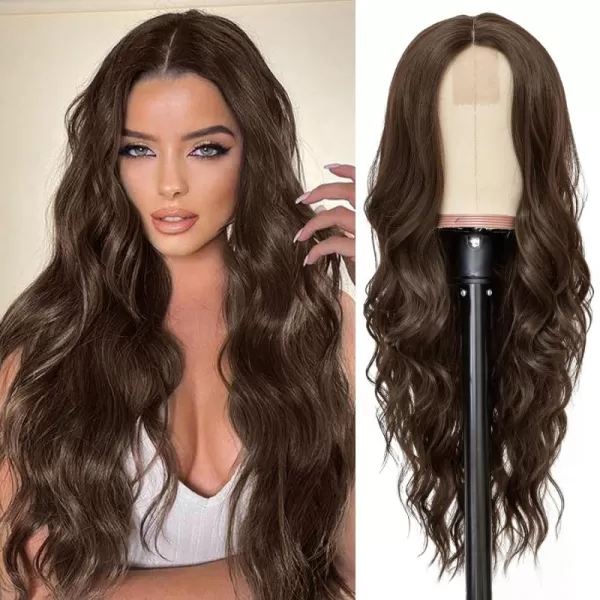 NAYOO Long Dark Brown Wavy Wig for Women 26 Inch Middle Part Curly Wavy Wig Natural Looking Synthetic Heat Resistant Fiber Wig for Daily Party Use 