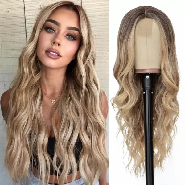 NAYOO Long Dark Brown Wavy Wig for Women 26 Inch Middle Part Curly Wavy Wig Natural Looking Synthetic Heat Resistant Fiber Wig for Daily Party Use 