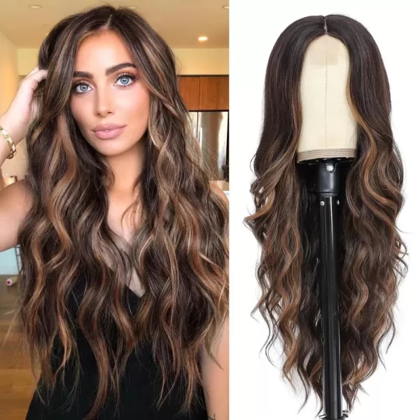 NAYOO Long Dark Brown Wavy Wig for Women 26 Inch Middle Part Curly Wavy Wig Natural Looking Synthetic Heat Resistant Fiber Wig for Daily Party Use 