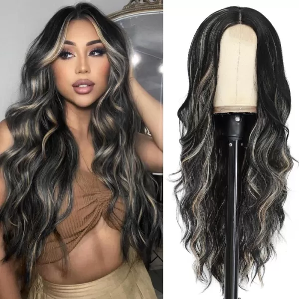 NAYOO Long Dark Brown Wavy Wig for Women 26 Inch Middle Part Curly Wavy Wig Natural Looking Synthetic Heat Resistant Fiber Wig for Daily Party Use 
