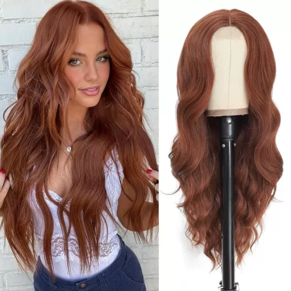 NAYOO Long Dark Brown Wavy Wig for Women 26 Inch Middle Part Curly Wavy Wig Natural Looking Synthetic Heat Resistant Fiber Wig for Daily Party Use 