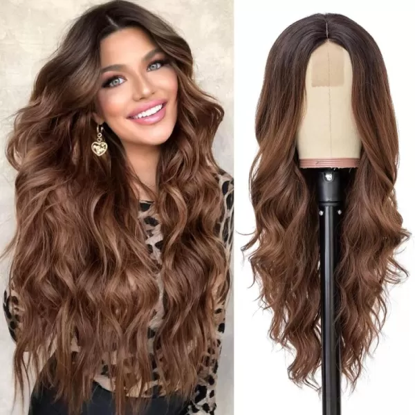 NAYOO Long Dark Brown Wavy Wig for Women 26 Inch Middle Part Curly Wavy Wig Natural Looking Synthetic Heat Resistant Fiber Wig for Daily Party Use 