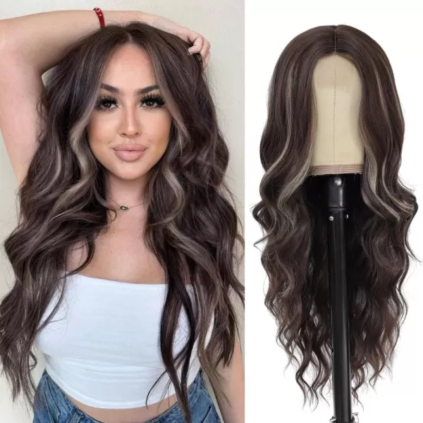 NAYOO Long Dark Brown Wavy Wig for Women Synthetic Curly Middle Part Wig Natural Looking Heat Resistant Fibre for Daily Party Use 26 Inch 