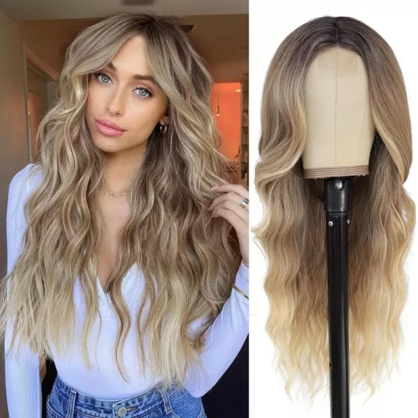 NAYOO Long Dark Brown Wavy Wig for Women Synthetic Curly Middle Part Wig Natural Looking Heat Resistant Fibre for Daily Party Use 26 Inch 
