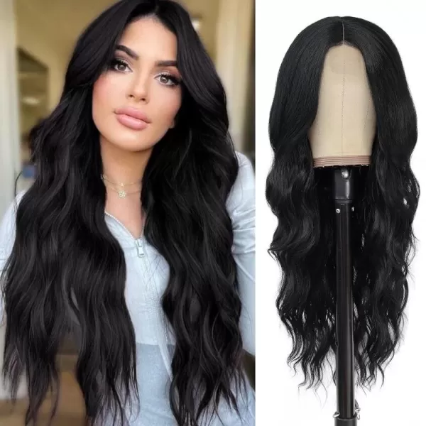 NAYOO Long Dark Brown Wavy Wig for Women Synthetic Curly Middle Part Wig Natural Looking Heat Resistant Fibre for Daily Party Use 26 Inch 