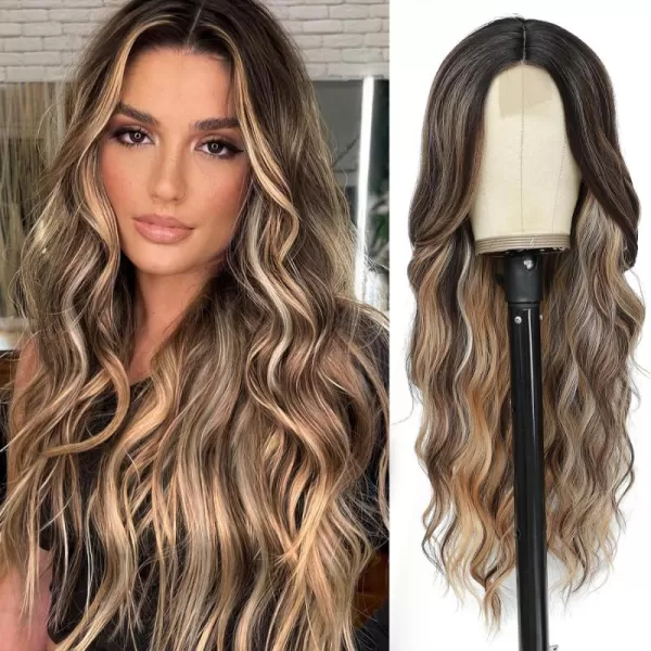 NAYOO Long Dark Brown Wavy Wig for Women Synthetic Curly Middle Part Wig Natural Looking Heat Resistant Fibre for Daily Party Use 26 Inch 
