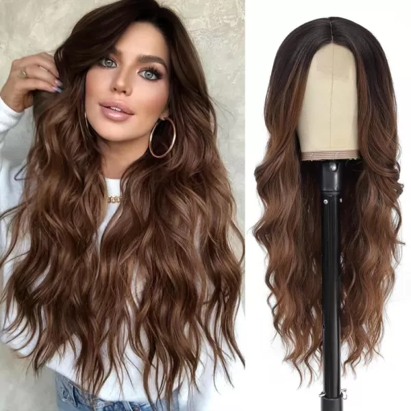 NAYOO Long Dark Brown Wavy Wig for Women Synthetic Curly Middle Part Wig Natural Looking Heat Resistant Fibre for Daily Party Use 26 Inch 
