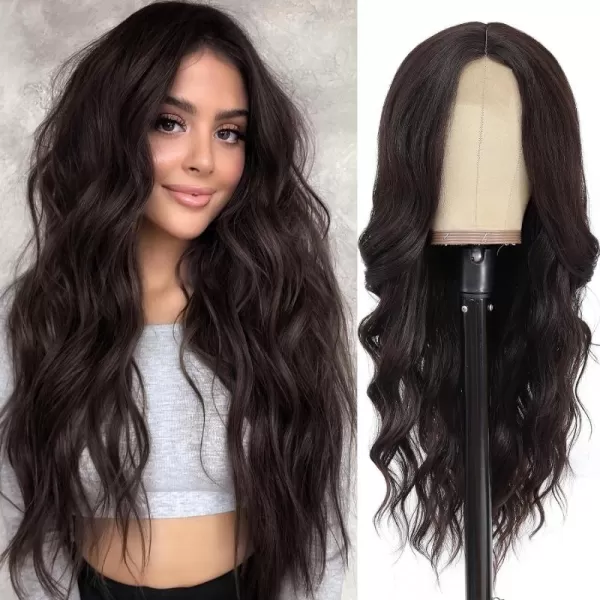 NAYOO Long Dark Brown Wavy Wig for Women Synthetic Curly Middle Part Wig Natural Looking Heat Resistant Fibre for Daily Party Use 26 Inch 