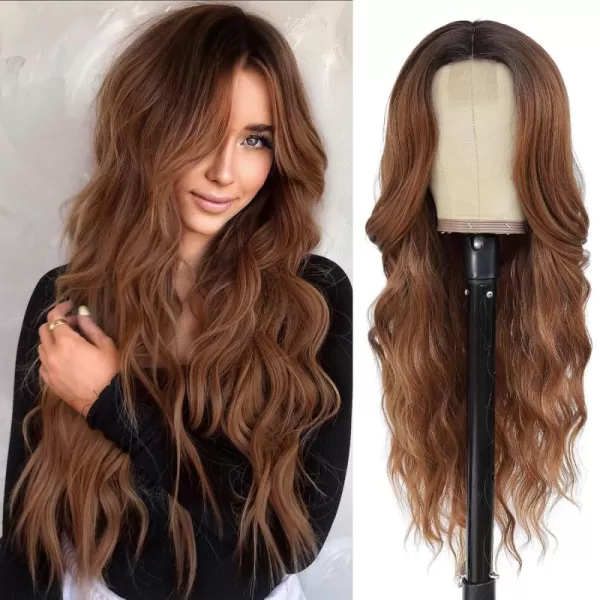 NAYOO Long Dark Brown Wavy Wig for Women Synthetic Curly Middle Part Wig Natural Looking Heat Resistant Fibre for Daily Party Use 26 Inch 