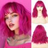 imageNAYOO Dark Green Wig with Bangs 14 Inch Bob Wig with Bangs Shoulder Length Green Short Wig for Daily Party UseRose Red mixed Purple