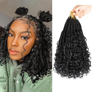 imageBohemain Box Braids Crochet Hair for Black Women 14Inch Boho Crochet Hair Pre Looped 8PK Crochet Boho Braids with Curly Ends1B