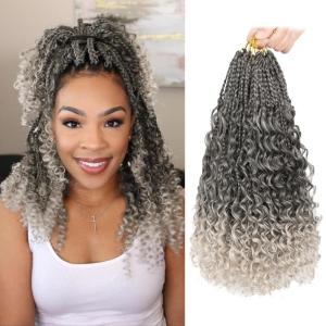 imageBohemain Box Braids Crochet Hair for Black Women 14Inch Boho Crochet Hair Pre Looped 8PK Crochet Boho Braids with Curly Ends1BGray