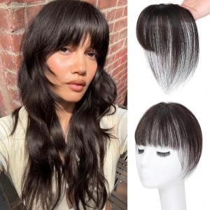 imageNAYOO Clip in Bangs  100 Human Hair Wispy Bangs Clip in Hair Extensions Brown Black Air Bangs Fringe with Temples Hairpieces for Women Curved Bangs for Daily WearBrown Black