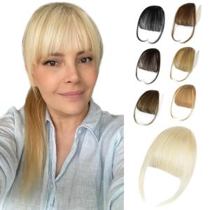 imageNAYOO Clip in Bangs  100 Human Hair Wispy Bangs Clip in Hair Extensions Brown Black Air Bangs Fringe with Temples Hairpieces for Women Curved Bangs for Daily WearPlatinum Blonde