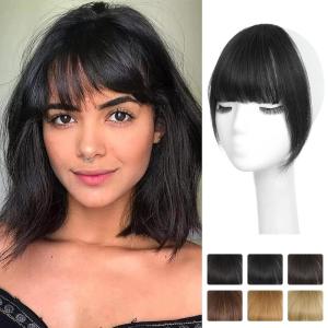 imageNAYOO Clip in Bangs  100 Human Hair Wispy Bangs Clip in Hair Extensions Brown Black Air Bangs Fringe with Temples Hairpieces for Women Curved Bangs for Daily WearZNatural black