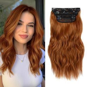 imageNAYOO Clip in Curly Hair Extensions 4PCS Long Wavy Synthetic Thick Hairpieces with Fiber Double Weft for Women Hair Full Head 24 Inch Copper Red30C