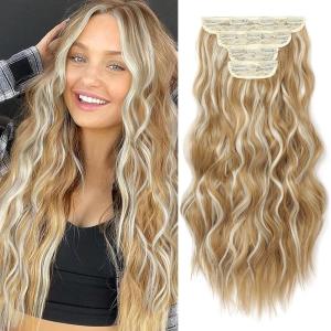 imageNAYOO Clip in Curly Hair Extensions 4PCS Long Wavy Synthetic Thick Hairpieces with Fiber Double Weft for Women Hair Full Head 24 Inch Copper RedBeach Blonde