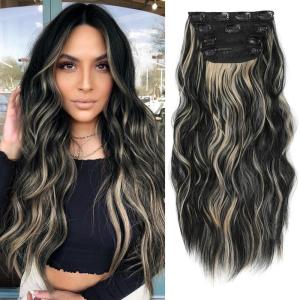 imageNAYOO Clip in Curly Hair Extensions 4PCS Long Wavy Synthetic Thick Hairpieces with Fiber Double Weft for Women Hair Full Head 24 Inch Copper RedBlack Mixed Blonde