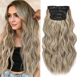 imageNAYOO Clip in Curly Hair Extensions 4PCS Long Wavy Synthetic Thick Hairpieces with Fiber Double Weft for Women Hair Full Head 24 Inch Copper RedBrown Mixed Ash Blonde