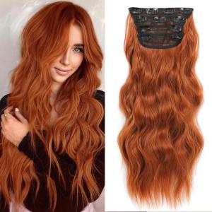 imageNAYOO Clip in Curly Hair Extensions 4PCS Long Wavy Synthetic Thick Hairpieces with Fiber Double Weft for Women Hair Full Head 24 Inch Copper RedCopper Red