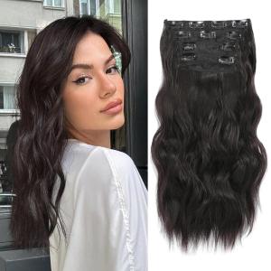 imageNAYOO Clip in Curly Hair Extensions 4PCS Long Wavy Synthetic Thick Hairpieces with Fiber Double Weft for Women Hair Full Head 24 Inch Copper RedDark Brown
