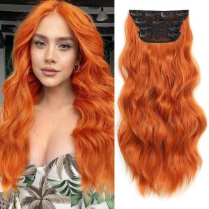 imageNAYOO Clip in Curly Hair Extensions 4PCS Long Wavy Synthetic Thick Hairpieces with Fiber Double Weft for Women Hair Full Head 24 Inch Copper RedGinger Orange