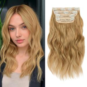 imageNAYOO Clip in Curly Hair Extensions 4PCS Long Wavy Synthetic Thick Hairpieces with Fiber Double Weft for Women Hair Full Head 24 Inch Copper RedHoney Blonde