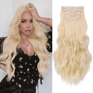 imageNAYOO Clip in Curly Hair Extensions 4PCS Long Wavy Synthetic Thick Hairpieces with Fiber Double Weft for Women Hair Full Head 24 Inch Copper RedLight Blonde