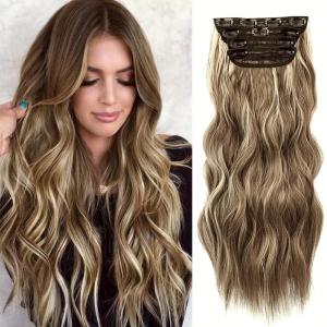 imageNAYOO Clip in Curly Hair Extensions 4PCS Long Wavy Synthetic Thick Hairpieces with Fiber Double Weft for Women Hair Full Head 24 Inch Copper RedMedium Brown Ash Blonde