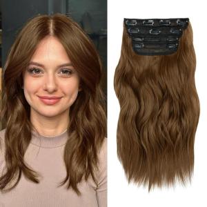 imageNAYOO Clip in Curly Hair Extensions 4PCS Long Wavy Synthetic Thick Hairpieces with Fiber Double Weft for Women Hair Full Head 24 Inch Copper RedMedium Brown