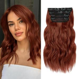 imageNAYOO Clip in Curly Hair Extensions 4PCS Long Wavy Synthetic Thick Hairpieces with Fiber Double Weft for Women Hair Full Head 24 Inch Copper RedWine Red