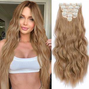 imageNAYOO Clip in Hair Extensions for Women 20 Inch Long Wavy Curly Auburn Hairpieces Full Head Synthetic Hair Hairpieces6PCSAuburnAsh Blonde