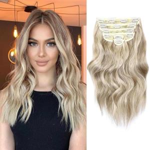 imageNAYOO Clip in Hair Extensions for Women 20 Inch Long Wavy Curly Auburn Hairpieces Full Head Synthetic Hair Hairpieces6PCSAuburnAsh Brown Mix Platinum Blonde