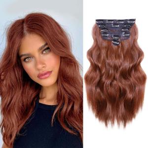 imageNAYOO Clip in Hair Extensions for Women 20 Inch Long Wavy Curly Auburn Hairpieces Full Head Synthetic Hair Hairpieces6PCSAuburnAuburn