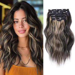 imageNAYOO Clip in Hair Extensions for Women 20 Inch Long Wavy Curly Auburn Hairpieces Full Head Synthetic Hair Hairpieces6PCSAuburnBlack Mix Blonde
