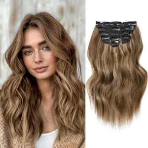 imageNAYOO Clip in Hair Extensions for Women 20 Inch Long Wavy Curly Auburn Hairpieces Full Head Synthetic Hair Hairpieces6PCSAuburnBrown Mix Blonde