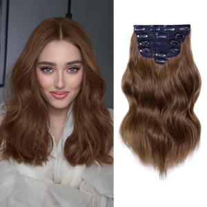 imageNAYOO Clip in Hair Extensions for Women 20 Inch Long Wavy Curly Auburn Hairpieces Full Head Synthetic Hair Hairpieces6PCSAuburnChestnut Brown